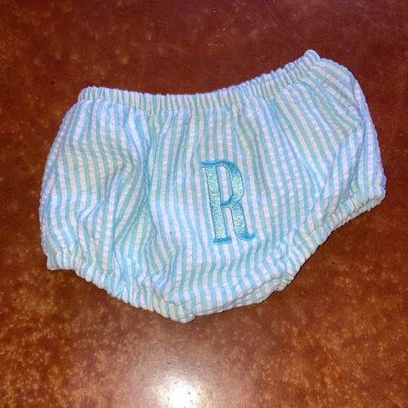 EUC Cecil and Lou Seersucker Swimsuit Diaper Cover with Monogrammed “R” - Picture 3 of 5